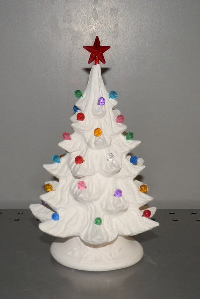 "Nowell 7 1/2" Christmas Tree with Holly Poinsettia Base - Made in USA, Unpainted, Ready to Paint, Ceramic Bisque"