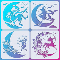 4-Pack Witch, Fairy, and Elf Moon Series Drawing Stencils, 5.9"x5.9" Reusable Templates