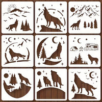 9pcs Wolf & Moonlit Night Stencils Set, 6" Reusable Plastic Templates