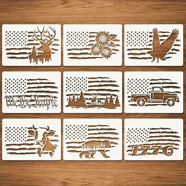 American Flag Stencils Set - Patriotic Hollow Out Design for Wood Sign Art, Farmhouse Music Paint Stencils for Wall Canvas - 9 Styles
