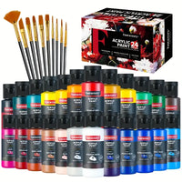 Fantastory 24pcs Acrylic Paint Set, 24 Classic Colors (2oz/60ml), Professional Craft Paint, Art Supplies Kit for Adults, Canvas/Fabric/Rock/Glass/Wood Painting with 12 Brushes