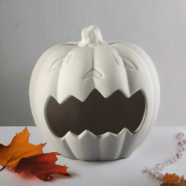 Paint Your Own Frightful Pumpkin Holder - Ceramic Bisque, Unpainted Candy Dish or Lantern