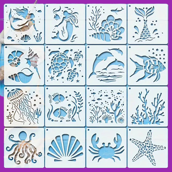 "16pcs Sea Life Stencils Set: Reusable Mermaid Stencils for Ocean-themed DIY Crafts"