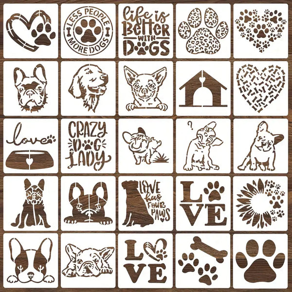 "25-Piece Set of Reusable Dog Paw Print Stencils for DIY Crafts and Scrapbooking - Love Dog Painting Templates for Wood Home Decor"