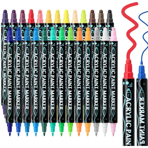 24 Double Ended Acrylic Paint Markers - Vibrant Colors for Rock Painting, Wood, Canvas, Plastic, Metal, and Stone - DIY Craft Art Supplies for Glass and More