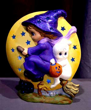 Witch on Broom with Ghost in Moon Light Up