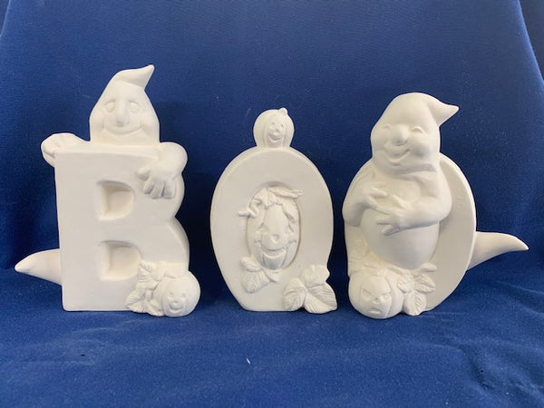 "Boo Halloween 3 Piece Ghost Set - Ceramic Bisque, Ready to Paint, Unpainted, Made in USA - 7 1/2" Tall, 5" Width"